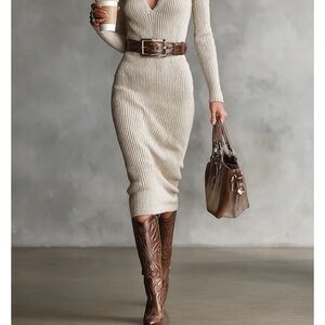 Chic Beige Knit Midi Dress